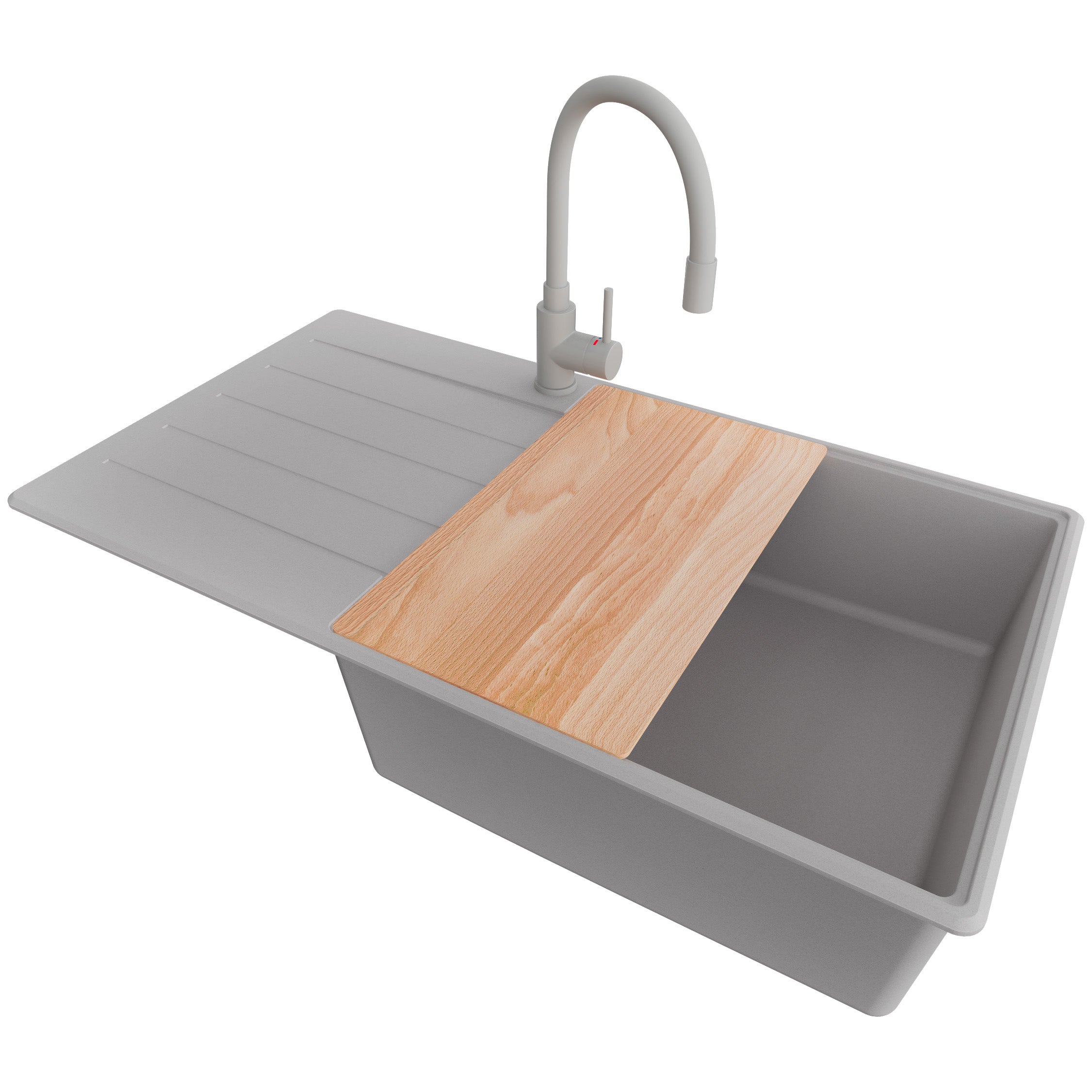 Zlewozmywak Granitowy Szary 90x50cm, Zlew Kuchenny 1 Komorowy + Bateria 38x14cm + Syfon + Deska, Nablatowy do szafki od 60cm - Kopenhaga PRIMAGRAN