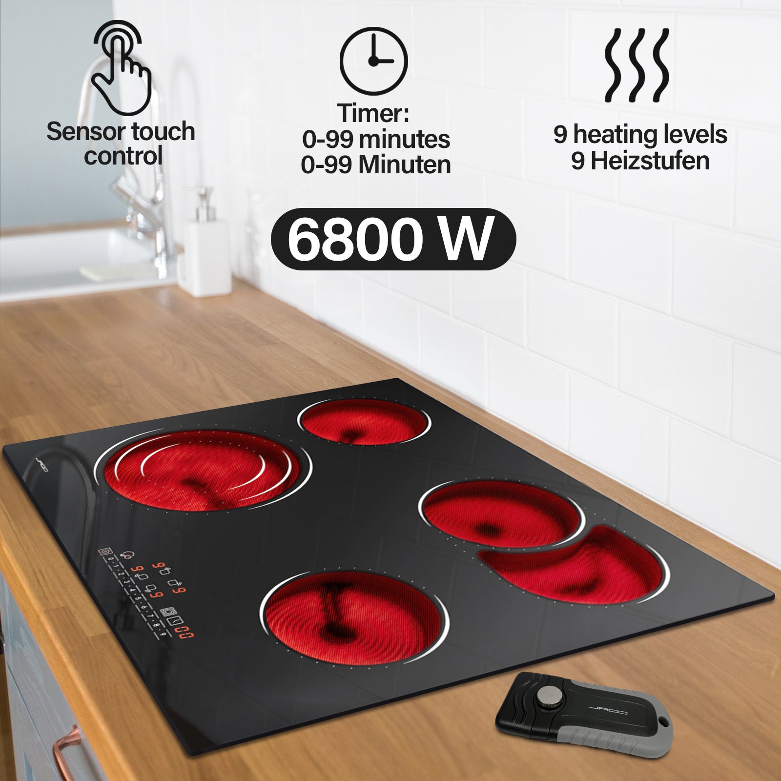 Plaque De Cuisson Vitrocéramique COVERCOOK 5 Feux 77cm - 8200W Tactile Minuteur Noir Encastrable