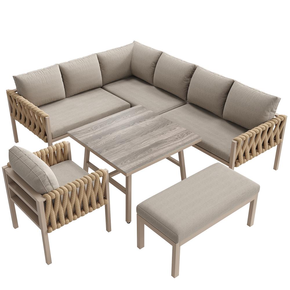 Ensemble de meubles de jardin modulable avec canapé d'angle, fauteuils, table en verre trempé et coussins inclus pour extérieur - 9