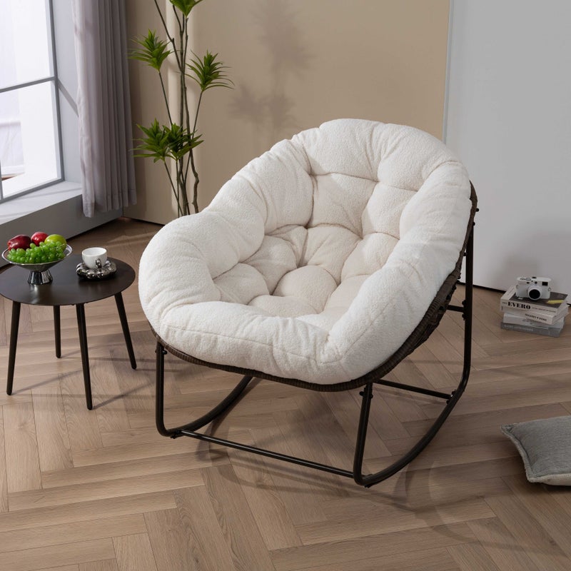 Fotel bujany ogrodowy z rattanu z wyściełaną poduszką, wygodny fotel bujany na werandę, patio, do salonu, ogrodu – biały
