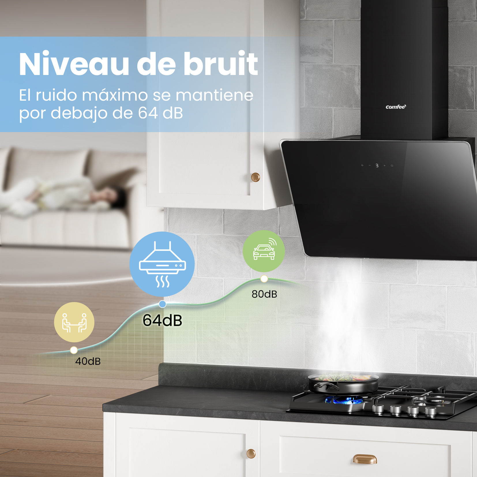 COMFEE Hotte Aspirante Inclinée 60cm - 400m³/h - Commandes Sensitives - 3 vitesses - 2 Filtres à Charbon - Verre Noir - 6