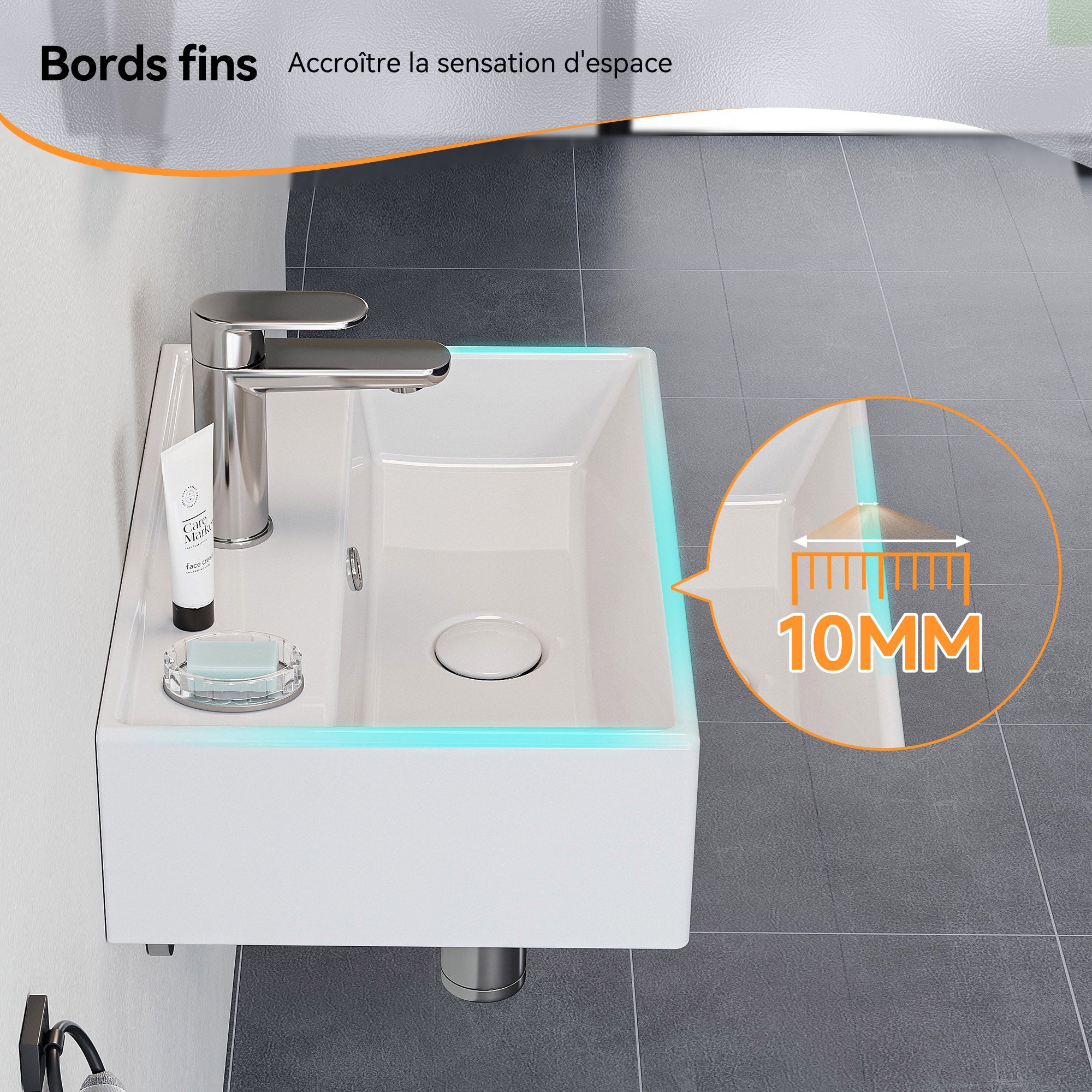 Lavabo en céramique, carré mural, vasque invité, vasque murale ou à poser avec trou pour robinet et trop-plein, 45 x 31 x 13,5 cm HOROW - 5