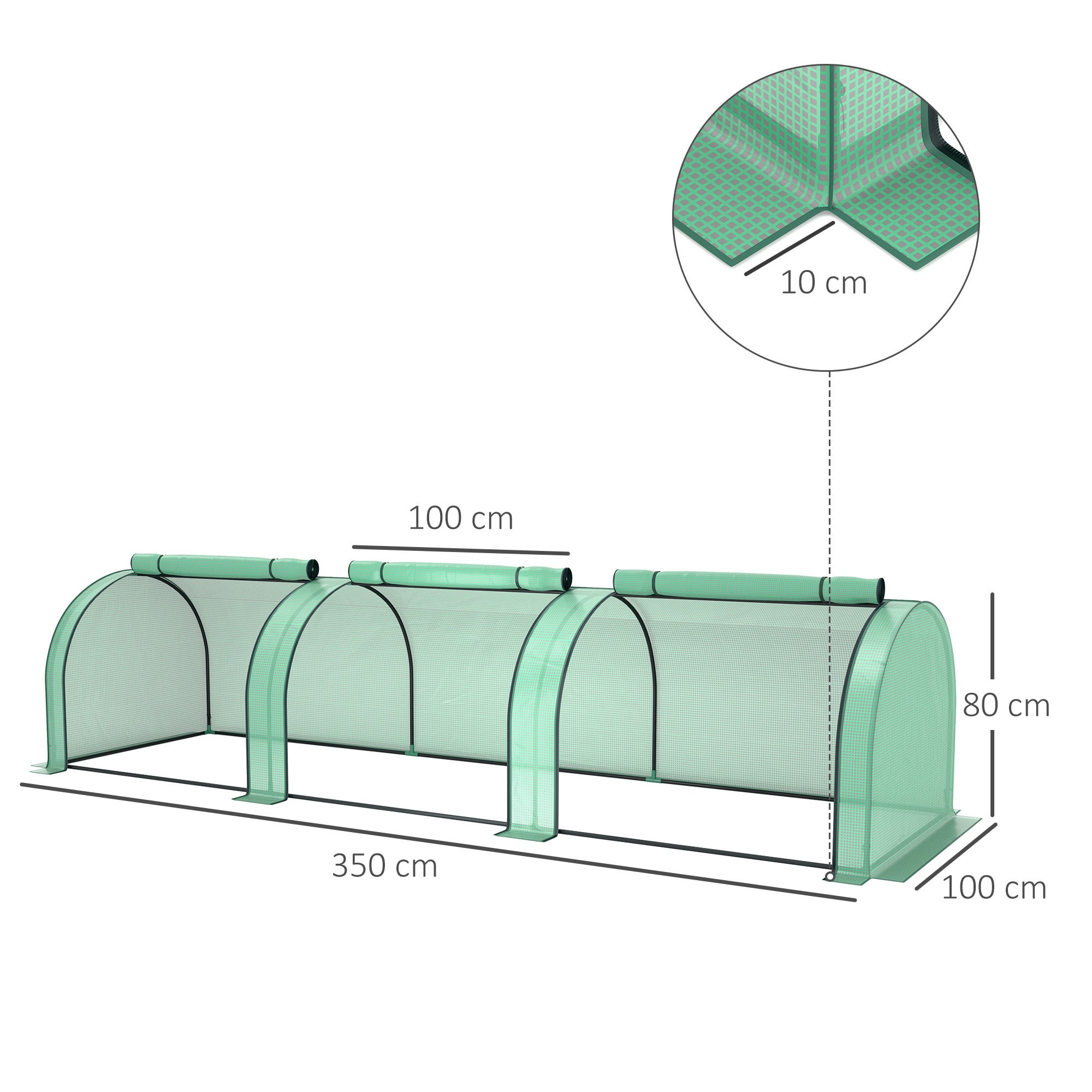 Mini Serre de Jardin tunnel - Outsunny - 3,5 x 1 x 0,8 m - Acier PE Haute densité 140 g/m² - 3 portes nroulables - vert - 3