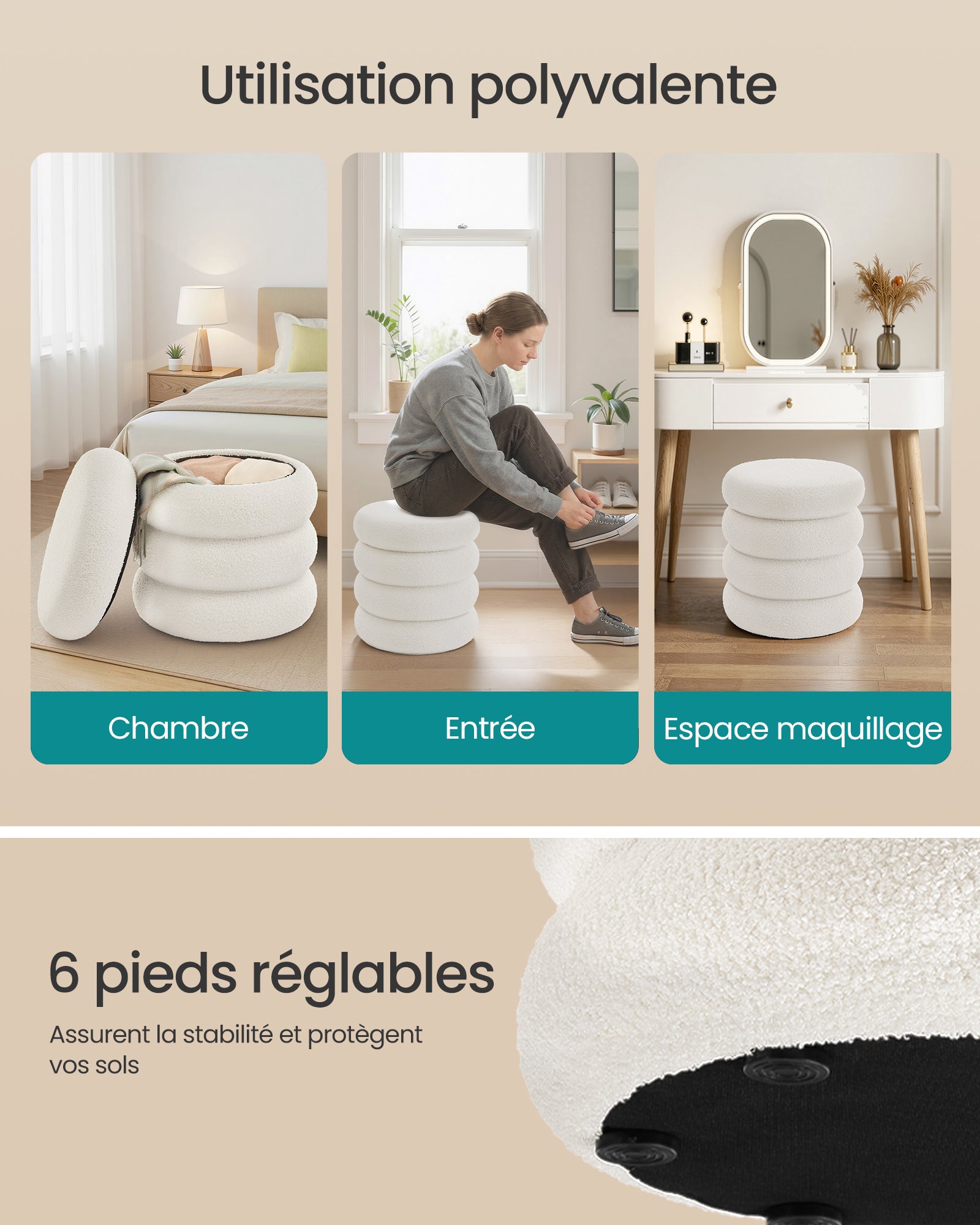 Tabouret de Coiffeuse Rond, Rembourré, avec Rangement, Couvercle Amovible, en Tissu Peluche Teddy, Blanc - 7