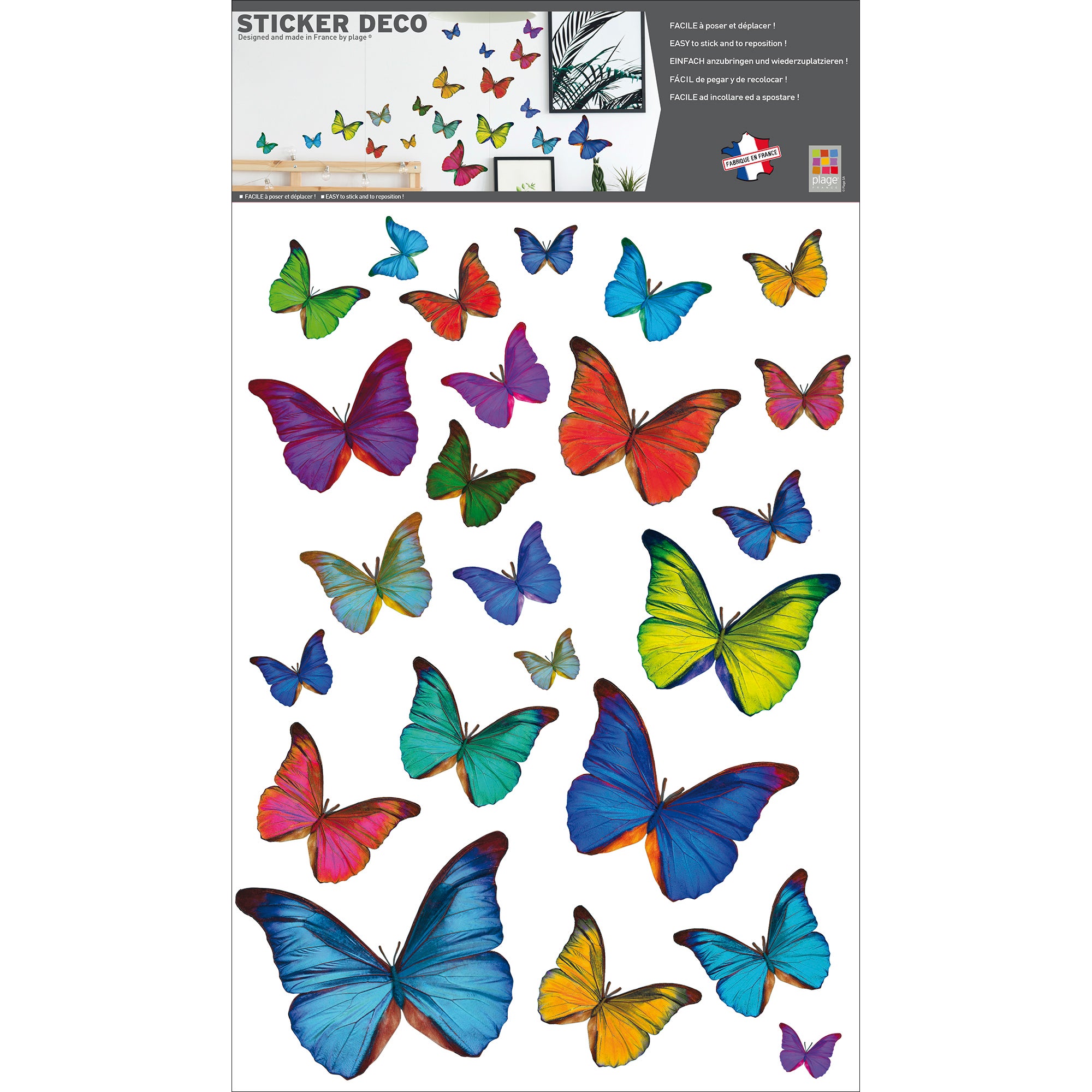 Sticker autocollant décoratif, illustration de papillons multicolores de différentes tailles, 68 cm X 48 cm - 2