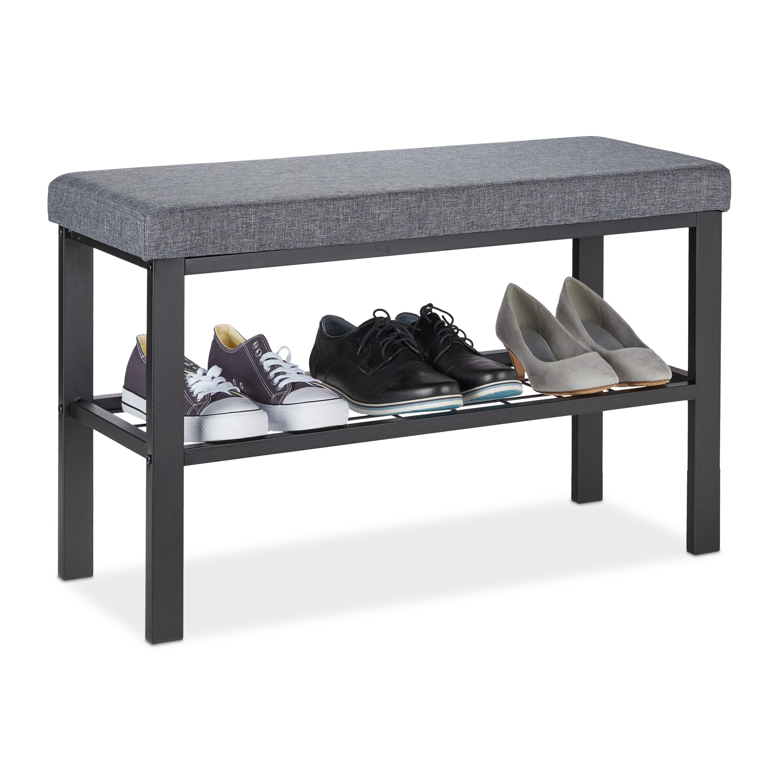 Relaxdays Banc de rangement en bois de noyer banquette assise coffre de rangement meuble à chaussure commode coussin HxlxP: 46,5 x 92,6 x 49 cm, blanc et couleur naturelle