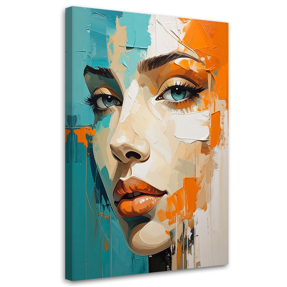 Obraz do salonu sypialni, Kobieta portret turkusowy pomarańczowy 60x90