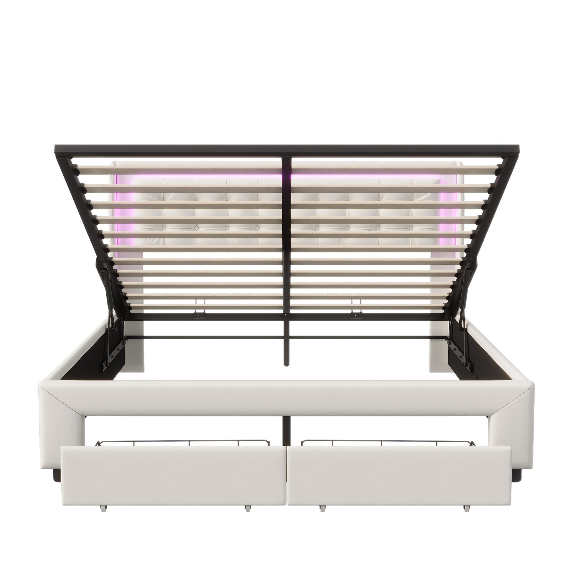 Lit coffre 160x200cm avec 2 tiroirs - lit double avec sommier à lattes et tête de lit LED - moderne et classique - velours beige - 9