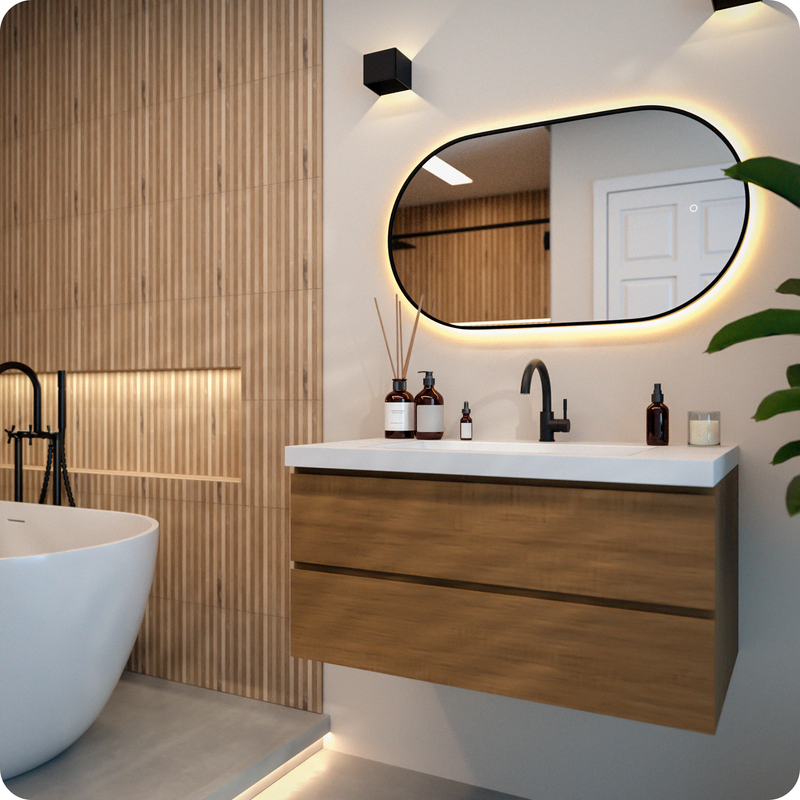 Espejo de baño - 90x50cm - Marco negro - Antivaho - Con luz LED - 2