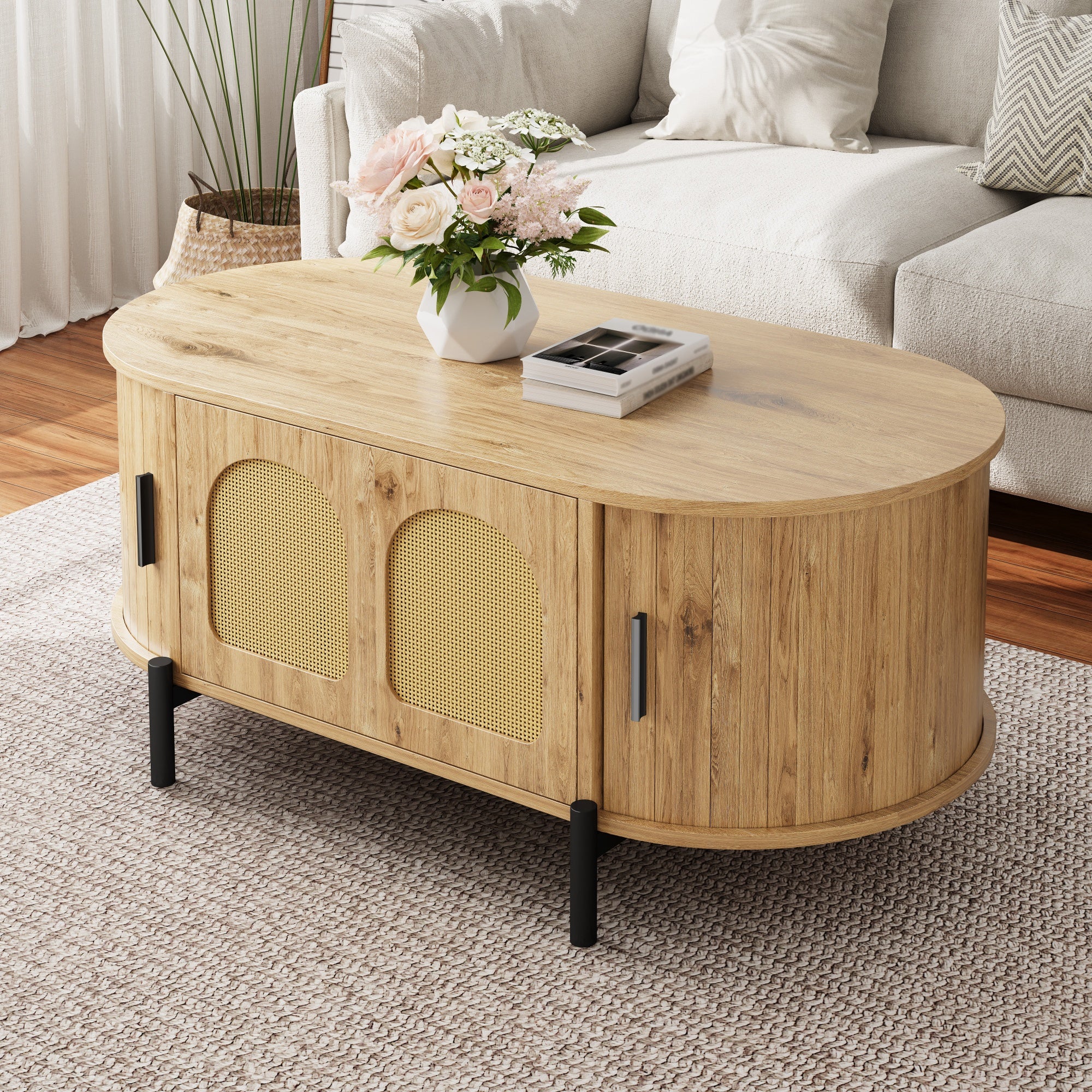 Table basse ovale en rotin 100x50x40 cm - 2 portes coulissantes et 1 ...