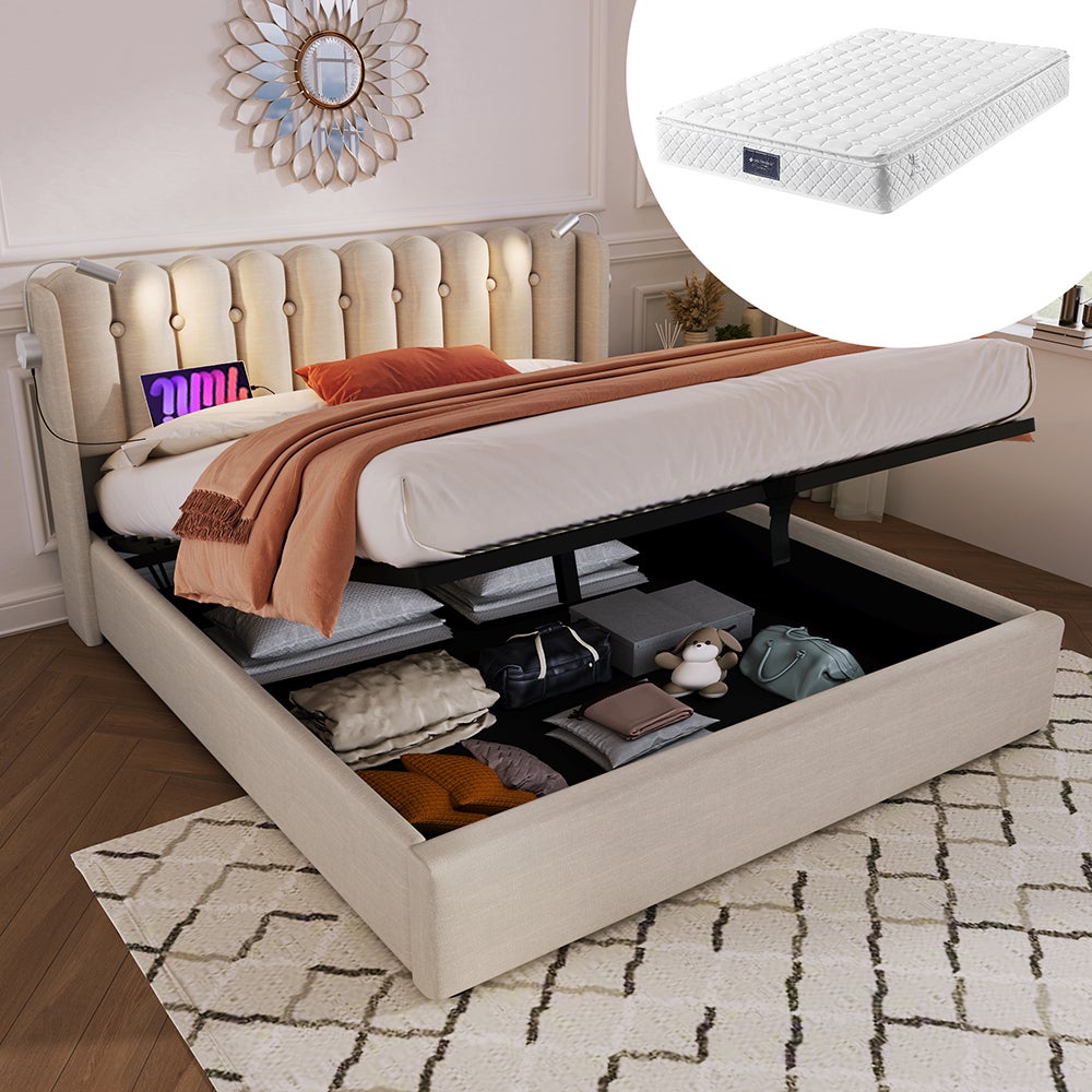 Lit Tapissier 160x200 - Lit Avec Coffre De Rangement, Prise USB C, Tête