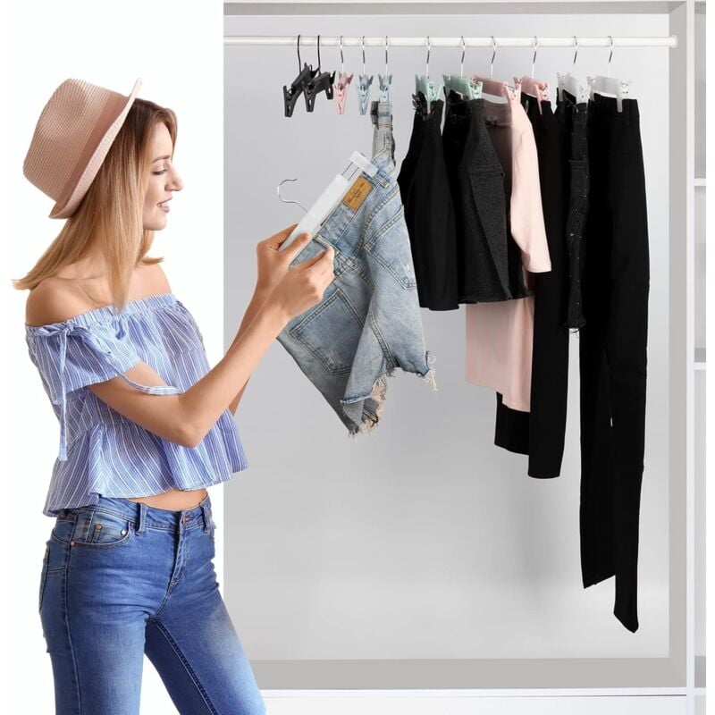 Confezione 20 Grucce In Velluto Per Pantaloni + 10 Ganci – Antiscivolo, Salvaspazio, Girevoli 360° – Nero - 3