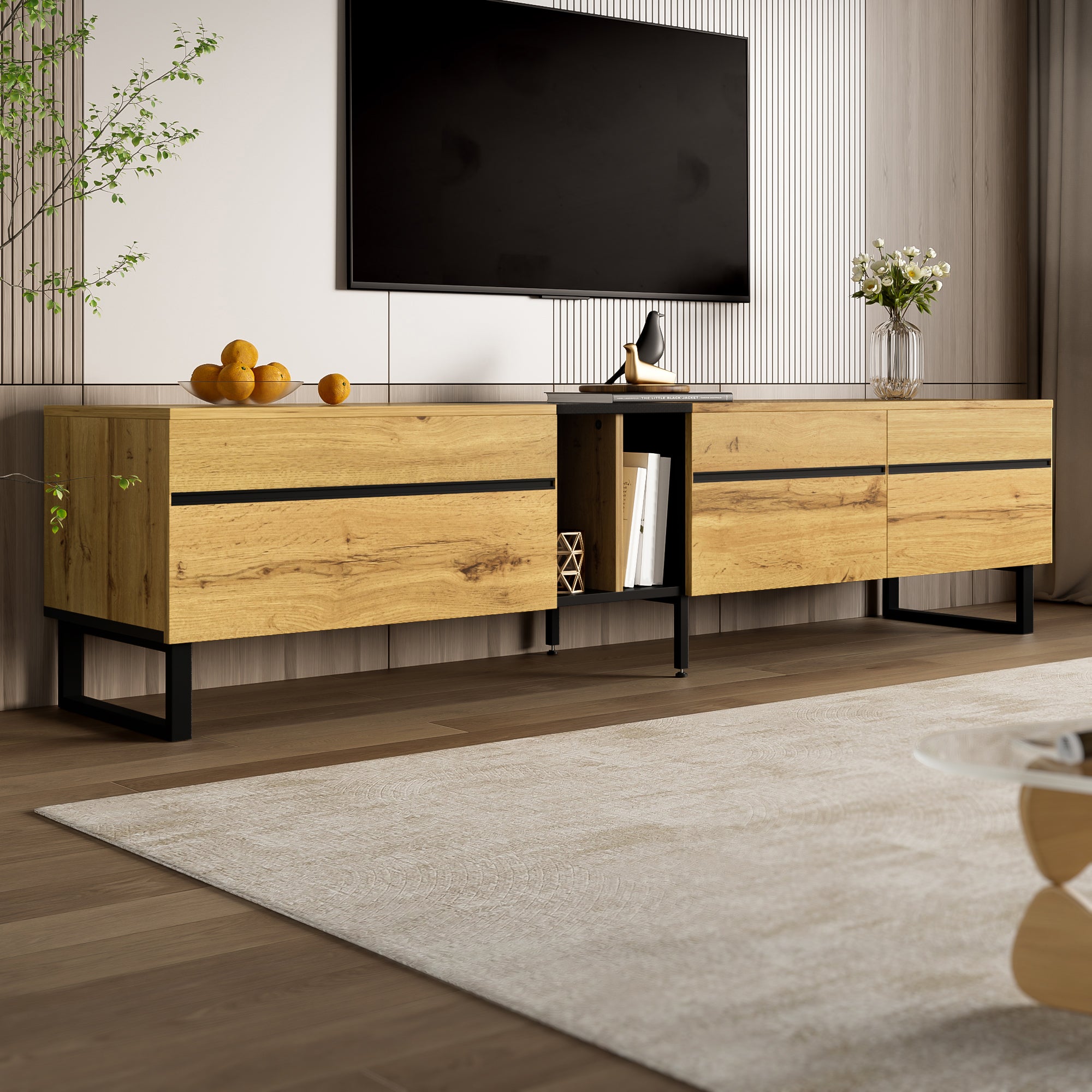 Stolik pod TV z 3 drzwiami i 2 półkami - 180 x 38 x 45 cm - Płyta wiórowa - Kolor drewna - 7