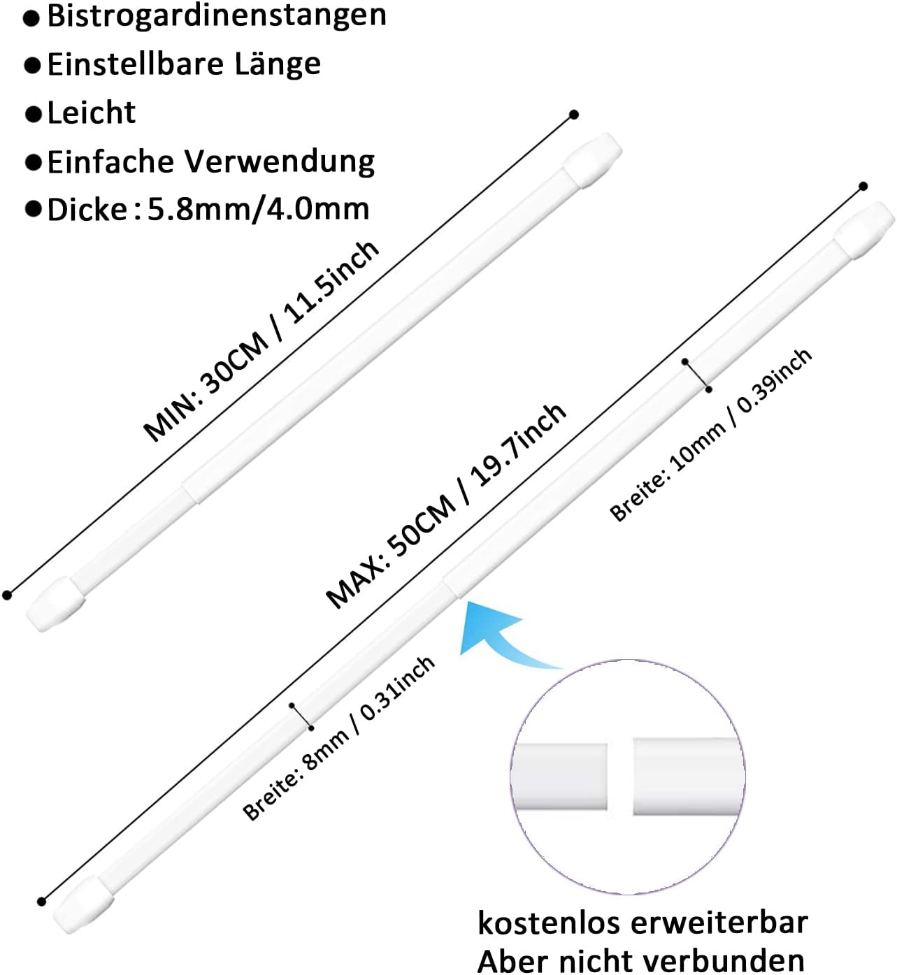 2 Pièce Tringle a Rideaux Extensible sans Percage Réglable Barre a Rideaux sans Percage pour Maison et de Crochets Rideau Adhésive,Blanc(30-50CM) - 3