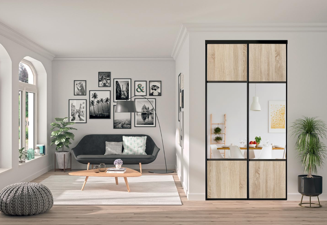Pack de 2 portes de placard coulissantes, décor chêne sauvage avec miroir argent, H 2500 x Largeur totale 1200 mm