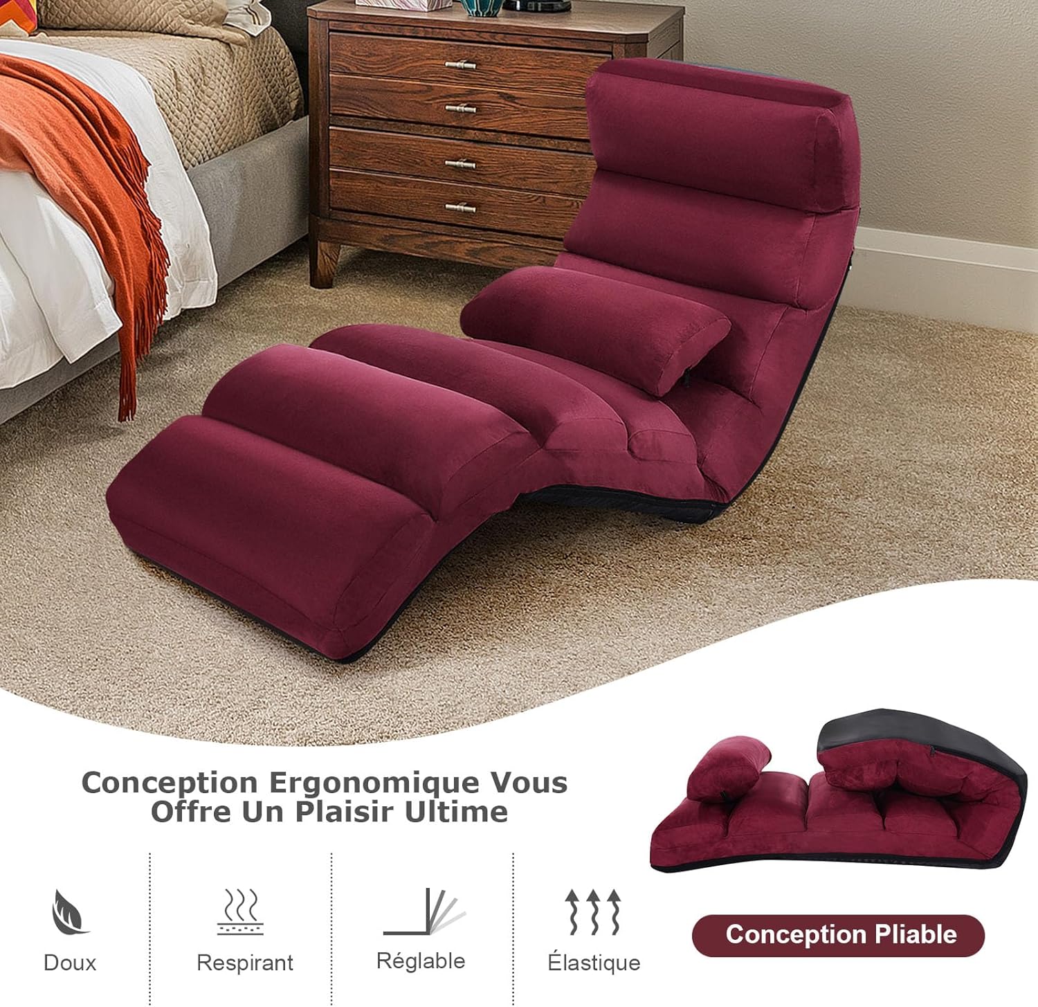 Fauteuil de Sol avec Dossier Inclinable Réglable sur 5 Niveaux,avec Cadre en Fer et Coussin Chaise, pour Salon/Chambre 175x55x20CM (Rouge) - 4