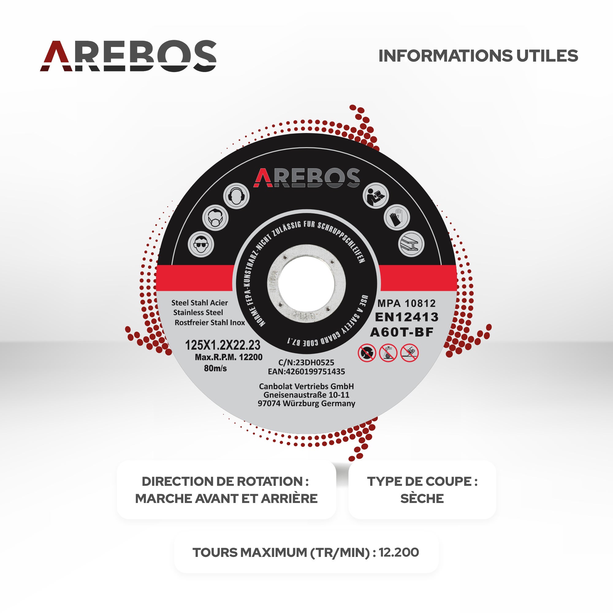 AREBOS 50x 125 mm Meule à tronçonner Fer, Métal, Acier, Inox, Aluminium (125 x 1,2 x 22,2 mm) Disques à tronçonner 125 pour Meuleuse d'Angle - 6