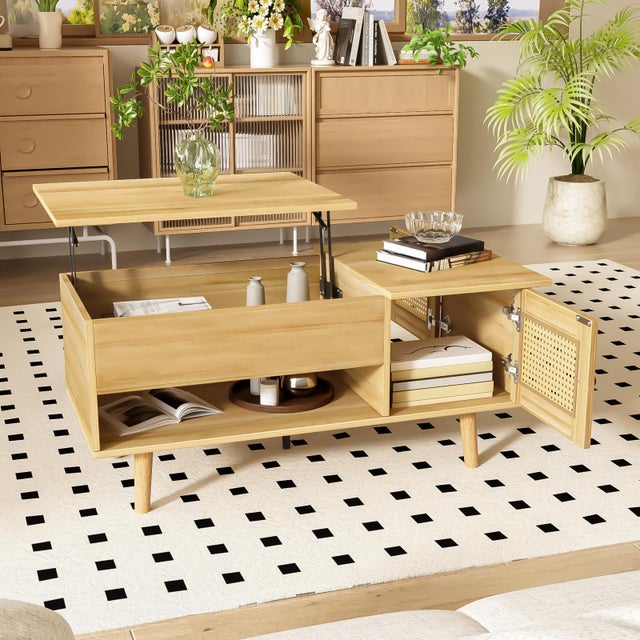 Table Basse - Relevable - Rangement - Effet Bois Clair avec Portes en Rotin Tressé - Design Scandinave - 103X50X46/60cm