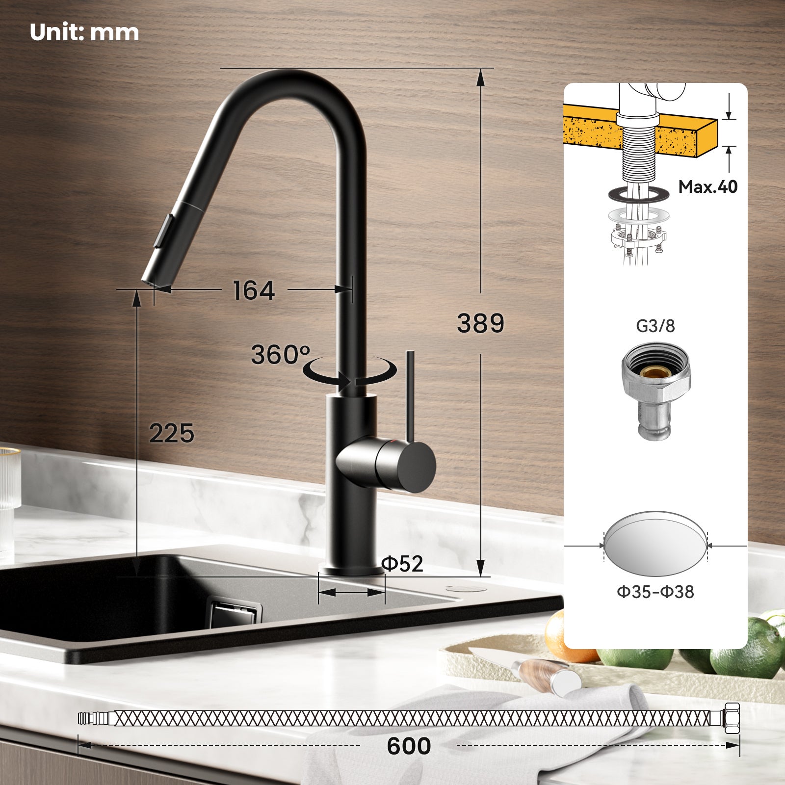 Misturador para lava-loiça com spray extraível Misturador de cozinha preto com misturador spray extraível 2 modos de saída de água - 7