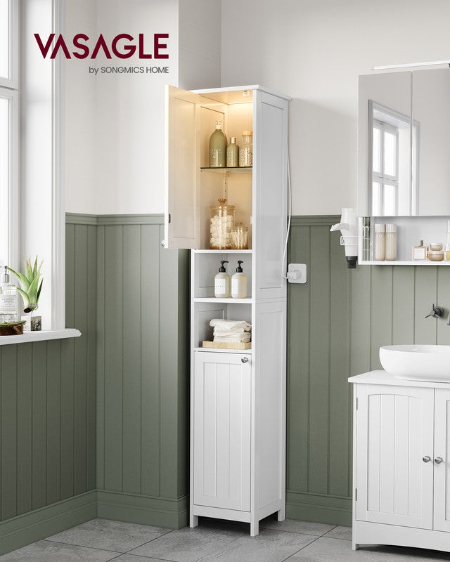 Armoire de Salle de Bain Haute avec Éclairage, avec Étagères Réglables, Compartiments Ouverts, Blanc Nuage - 2