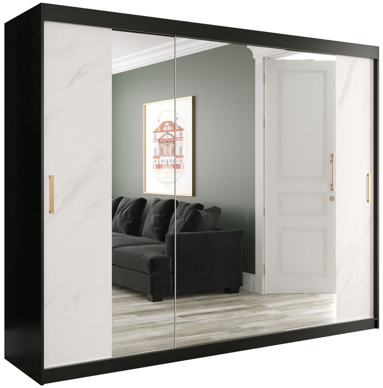 Szafa przesuwna garderoba MARMUR T2 250 x 62 x 200 cm Czarny + Marmur Biały - Abiks Meble