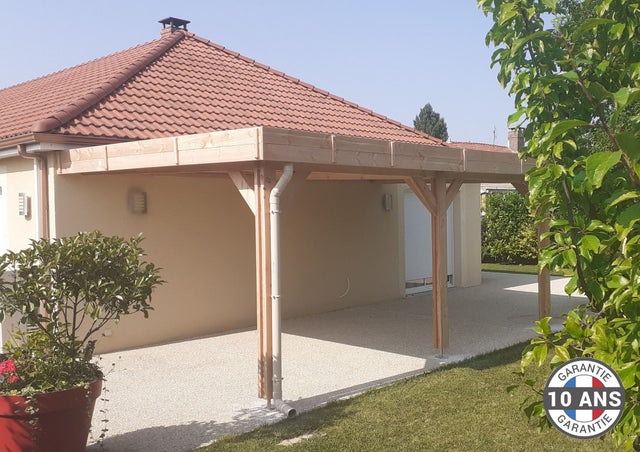 Carport adossé toit plat 400cmx500cm, bois DOUGLAS Français (Charpente en bois-auvent-abri voiture) 20 m². Garantie 10 ans