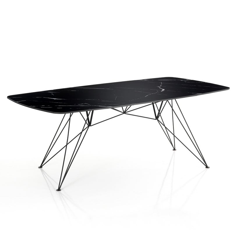 Stół/biurko SPILLO BLACK MARBLE, błyszcząca czarna ceramika, dł. 180 cm, czarna rama, elegancki design, 8 miejsc