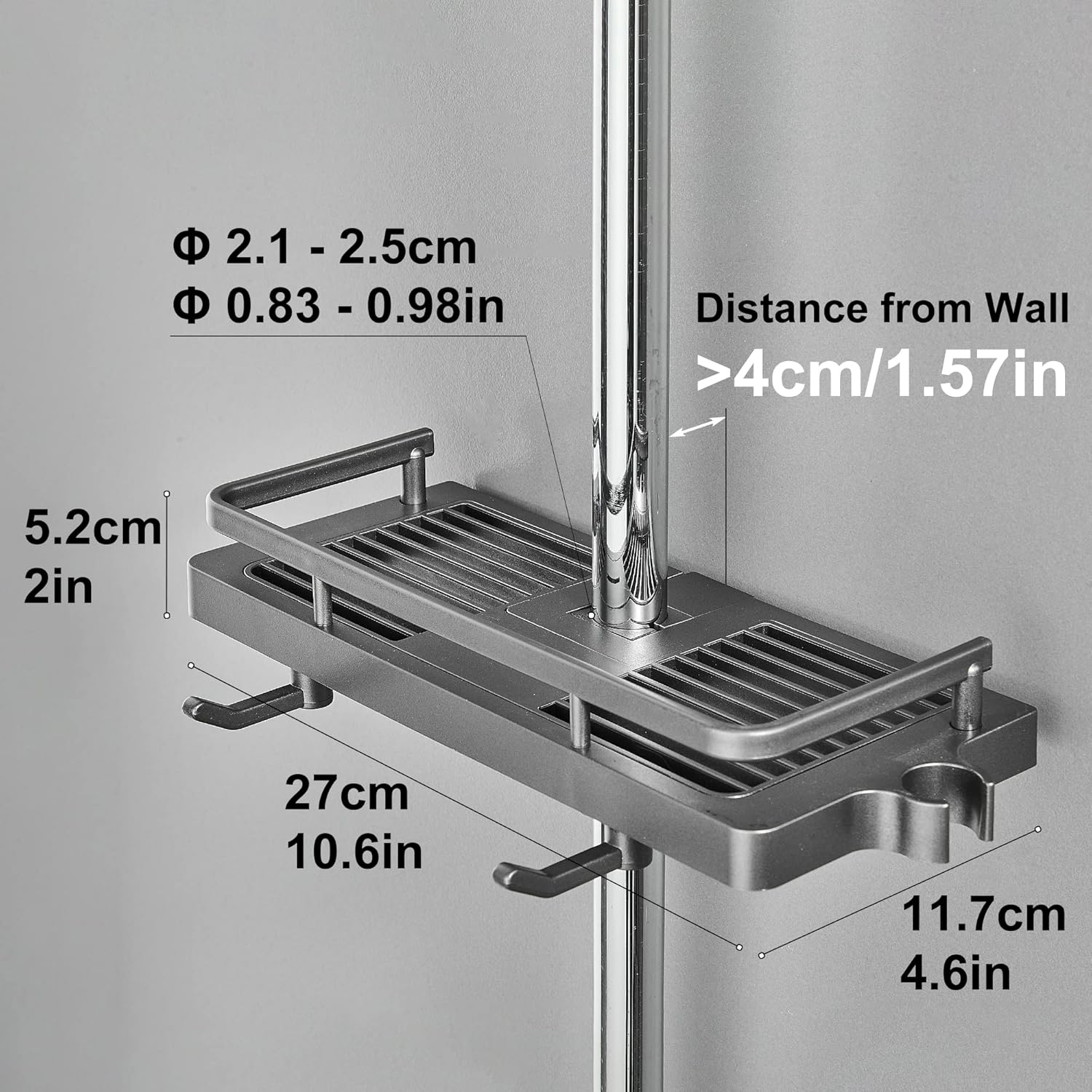 Étagère de douche sans perçage pour barre 21-25 mm – Tablette avec support pommeau, rangement shampoing et savon, 2 crochets inclus - 2