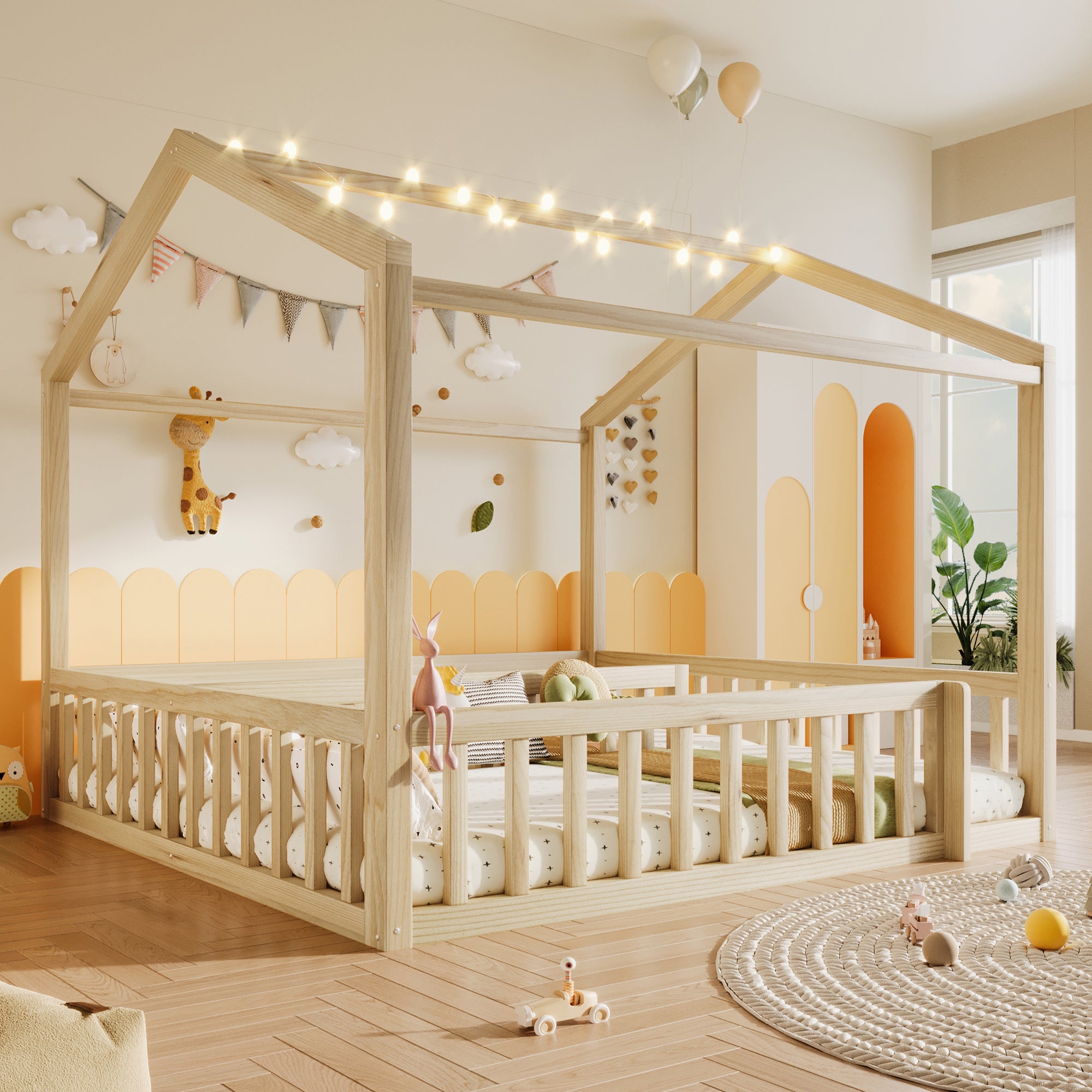 Lit enfant enfant Lit double 180x190 cm avec barrière, 90x190 cm x2 , style minimaliste, pin, LED intégrées, Natural - 3