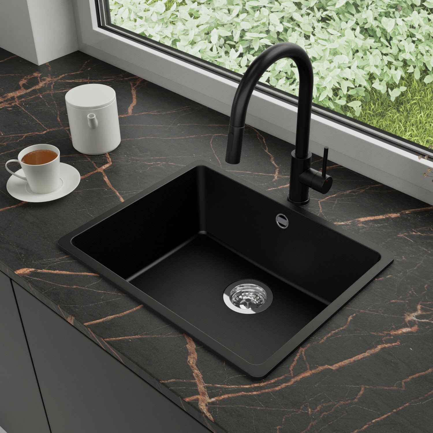 Zlewozmywak Granitowy 56x44cm, do szafki od 60cm + Bateria + Syfon - Garnet Czarny STONESTYLE