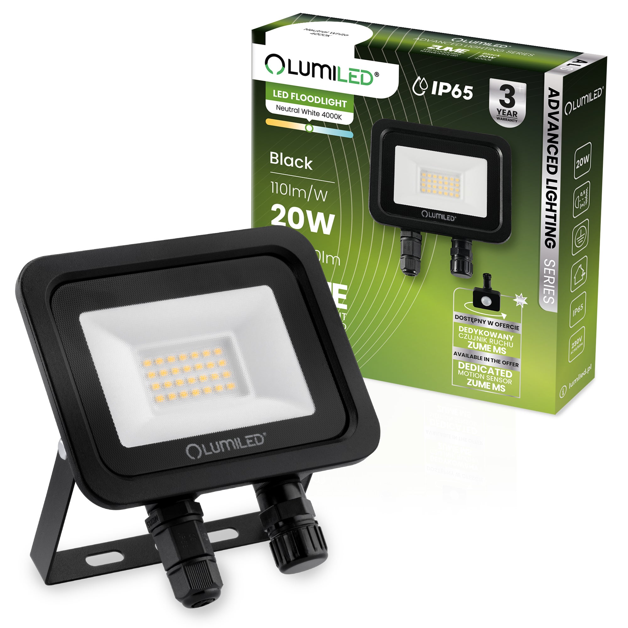 Naświetlacz LED Lumiled 20W 2200lm 4000K Neutralna biel IP65 Czarny 1 szt.