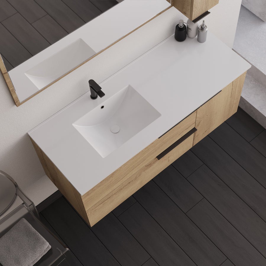 Meuble de salle de bain 120cm vasque déportée - 2 tiroirs - miroir avec armoirette - KING - Roble (chêne clair) - 4