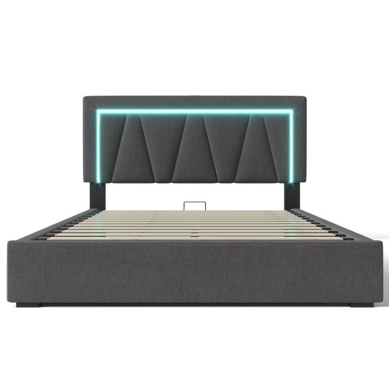 Łóżko tapicerowane z pojemnikiem 160x200 cm z diodami LED oraz portami ładowania USB i typu C - Tkanina lniana - Stelaż z listew - Szary - 4