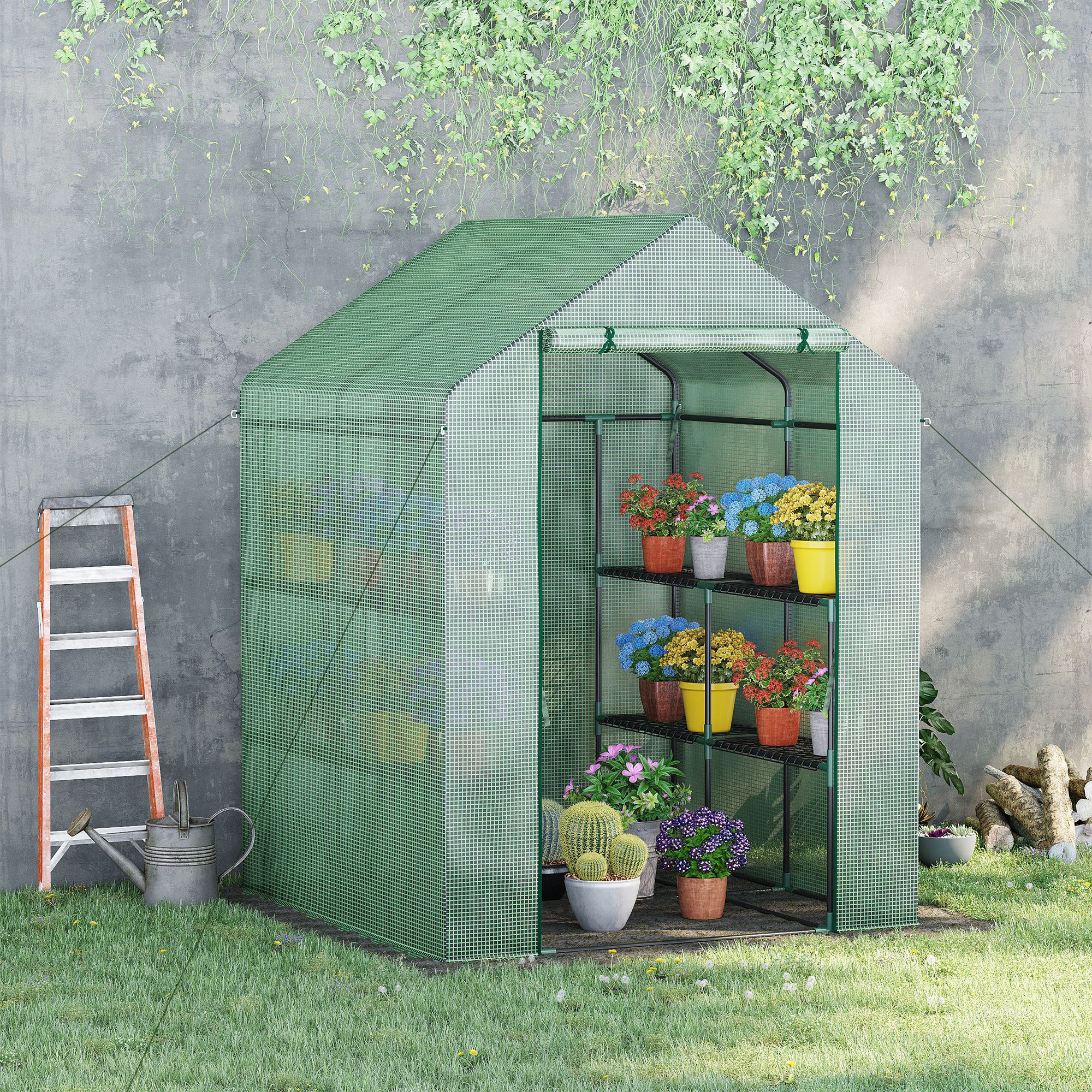 Serre de jardin à 3 étagères, petite serre de balcon en bâche PE renforcée 140 g/m², 143 x 138 x 190 cm, verte - 4