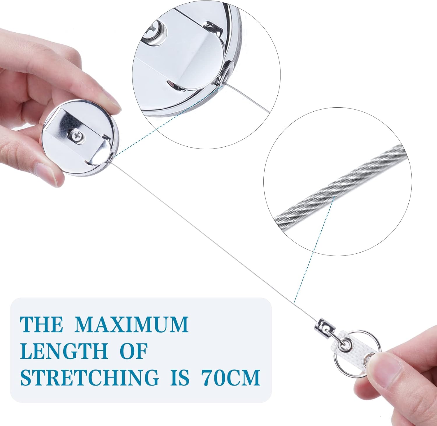 2PCS Porte-clés Retractable(Noir), Porte Badge Enrouleur,Porte Clef Enrouleur Badge Heavy Duty Avec Chaîne de Moulinet en Acier et Crochet,Rétractable - 4