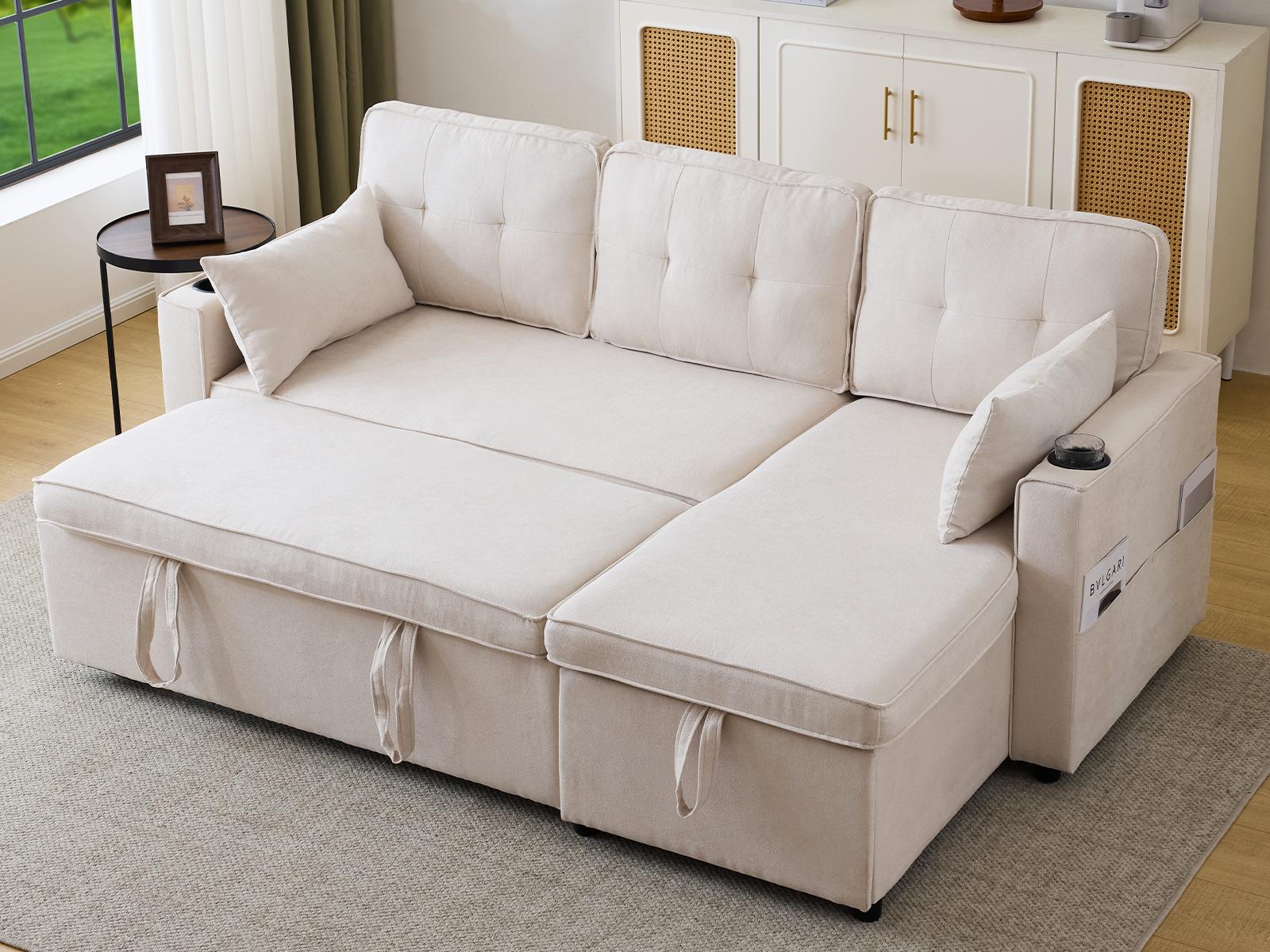 Sofa rozkładana 3-osobowa - bawełniana - z pojemnikiem i uchwytem na kubek - beżowa