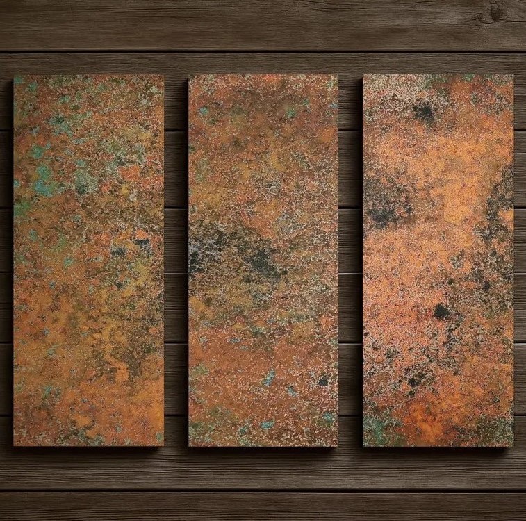 Panele ścienne z miedzi Trinita – Zestaw 3 ręcznie wykonanych paneli kuchennych z miedzi | Unikalne wykończenie ściany kuchennej z miedzi