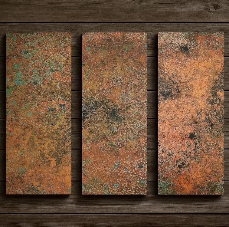 Panele ścienne z miedzi Trinita – Zestaw 3 ręcznie wykonanych paneli kuchennych z miedzi | Unikalne wykończenie ściany kuchennej z miedzi