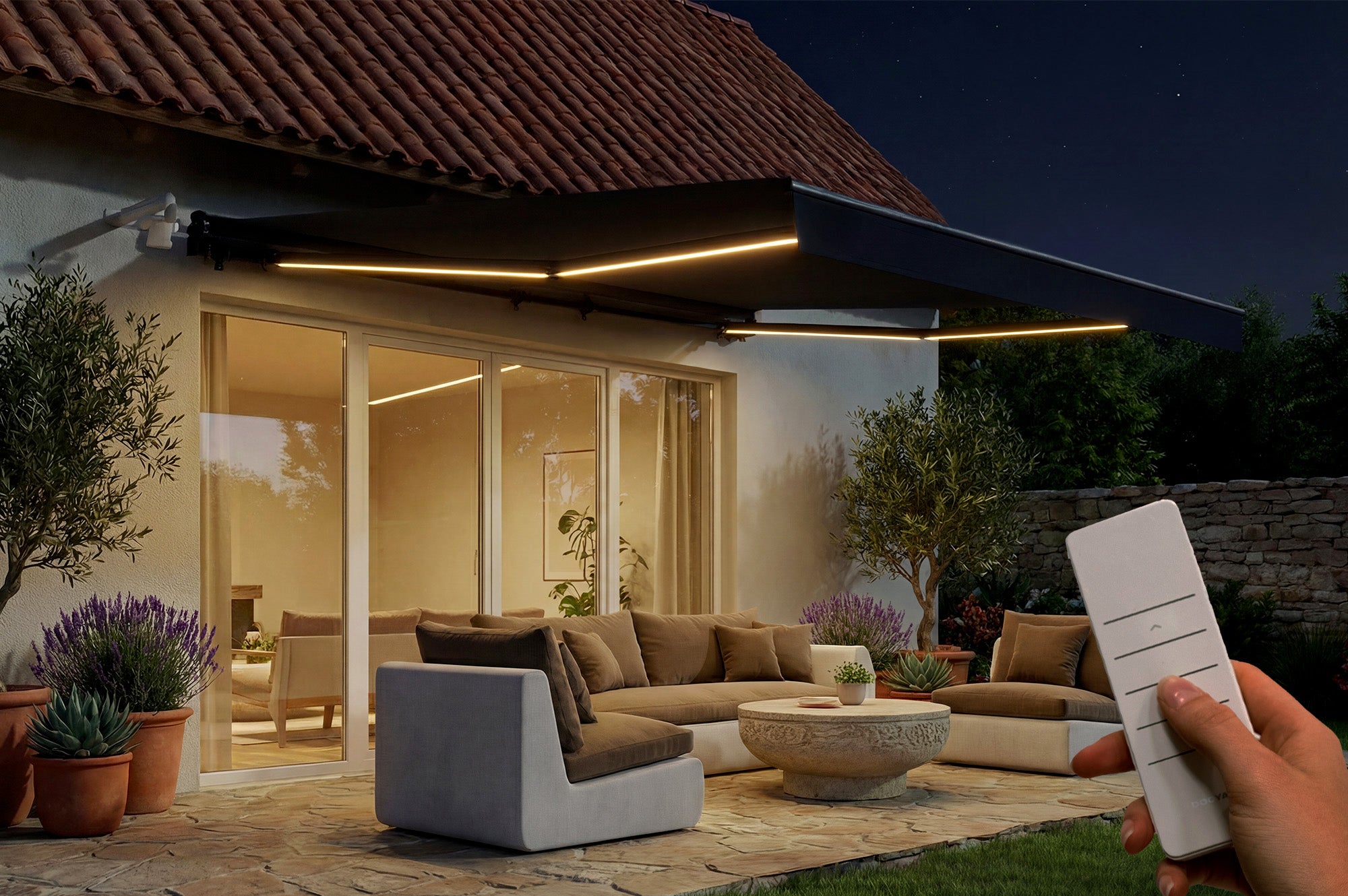 Markiza LED FAZZIO 4x3m półkasetowa z napędem silnikowym, szara, tkanina w kolorze szarym