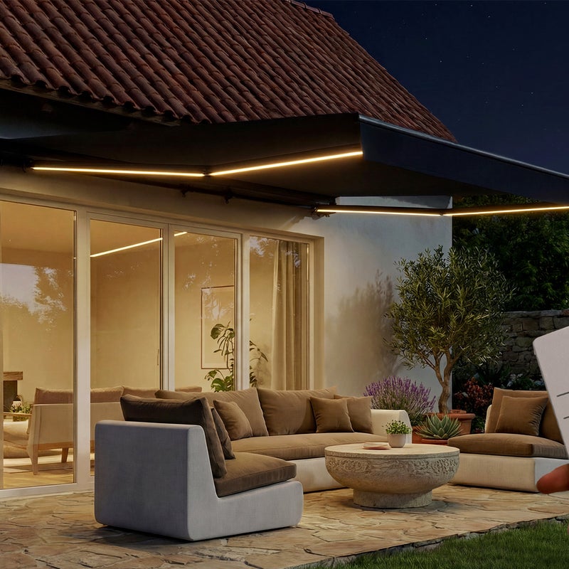 Markiza LED FAZZIO 4x3m półkasetowa z napędem silnikowym, szara, tkanina w kolorze szarym