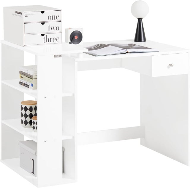 SoBuy Scrivania,Porta PC,Tavolo per Computer ,con cassetto e tre ripiani,,bianco,FWT35-W