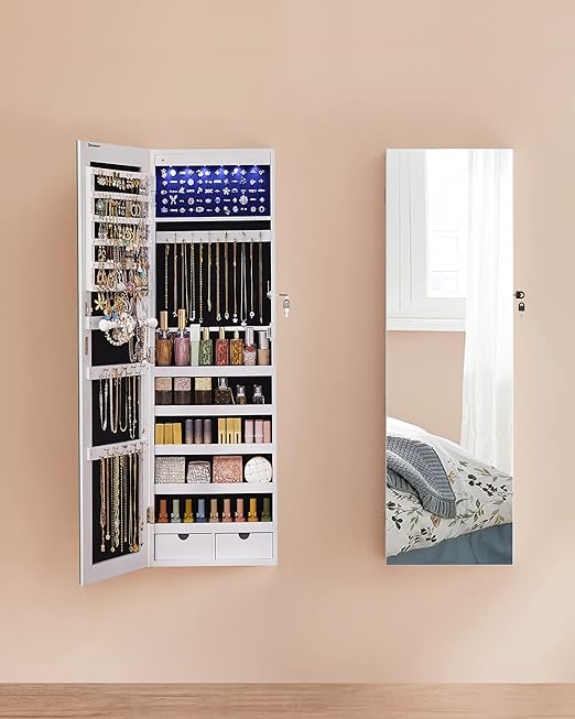 Armoire à Bijoux avec Miroir Long, Rangement Bijoux avec 6 Lampes LED, à Suspendre à la Porte ou à Fixer au Mur, Blanc - 4