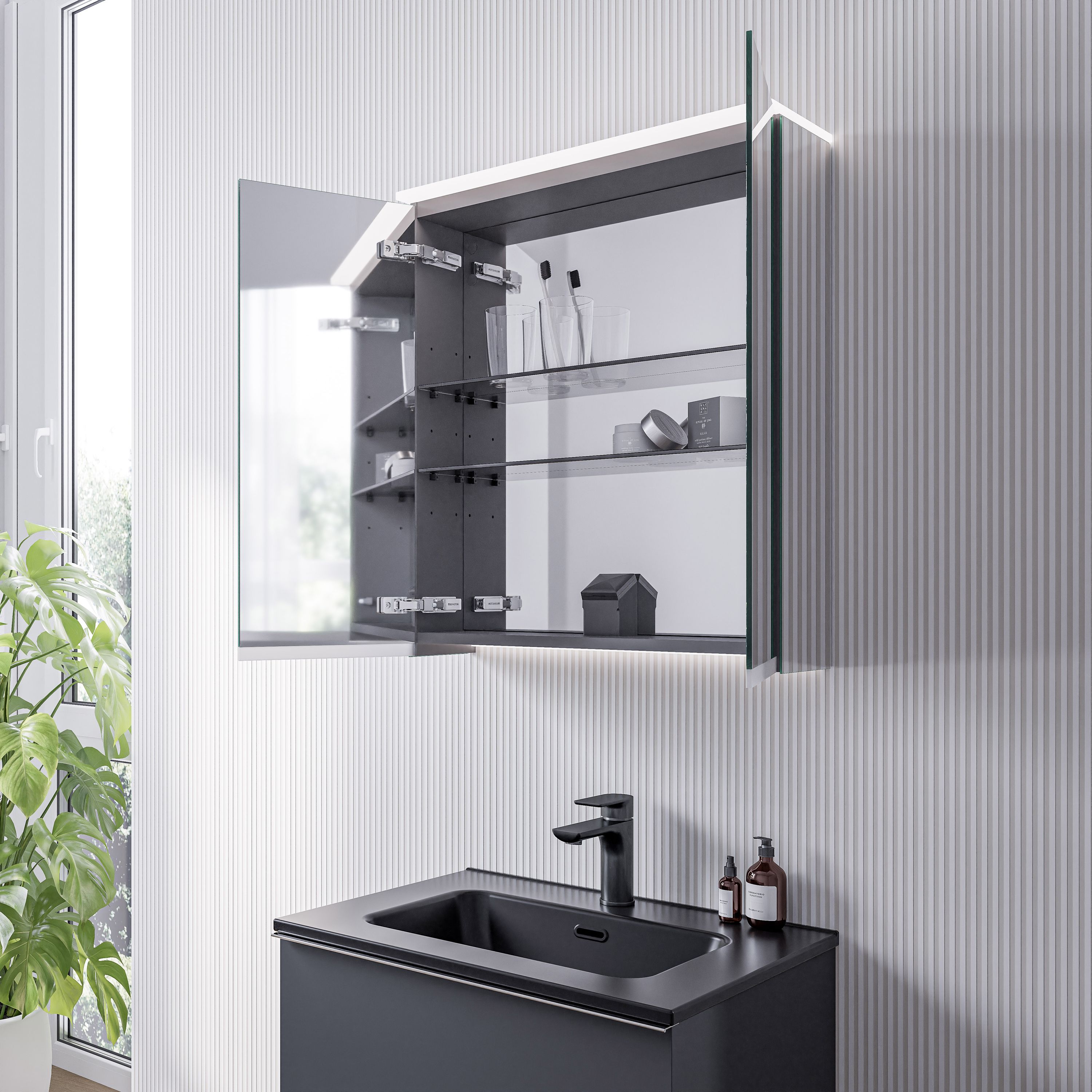 BERNSTEIN - Armoire de toilette MFC 2 portes miroirs, éclairage LED, prise de courant intérieure et 2 tablettes verre - 60x71x19cm (LxHxP) - VARO - 2