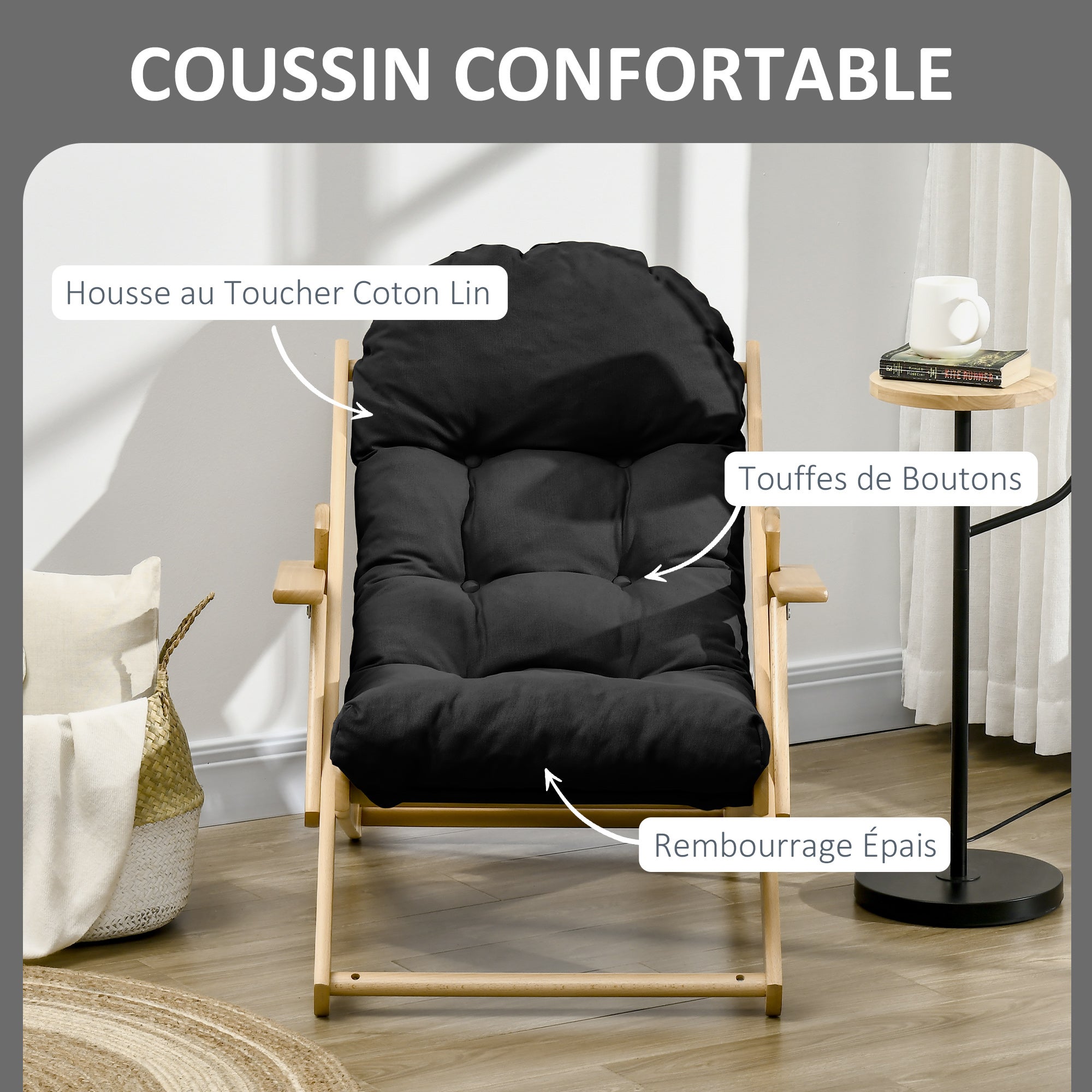 Fauteuil et méridienne de salon pliables et inclinables en bois, fauteuil confortable et relaxant avec coussin épais capitonné - 8