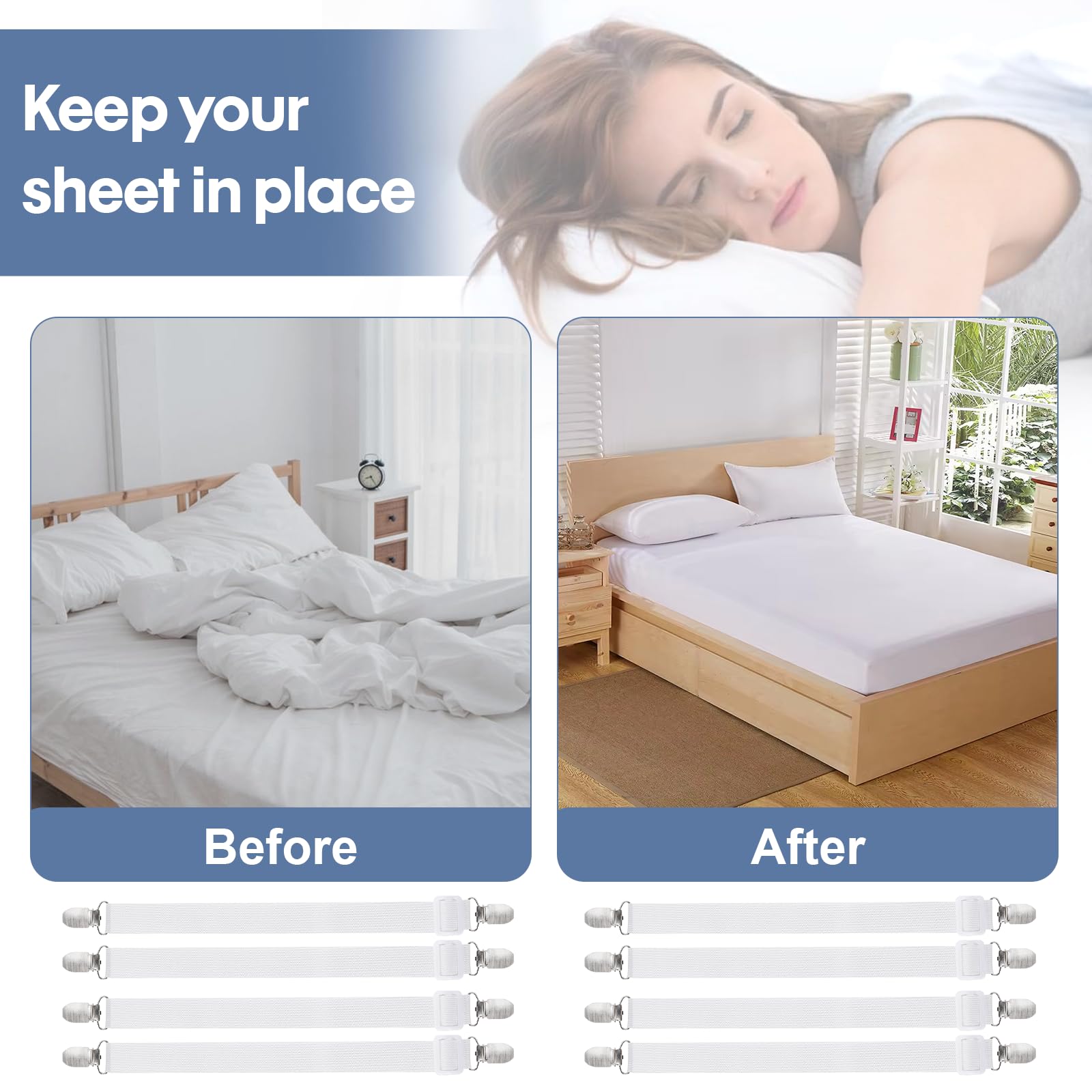 6 Pièces Tendeur Drap Housse,60-220CM Tendeurs De Drap RéGlables pour Drap De Lit,Attache pour draps, Matelas, Blanc - 2