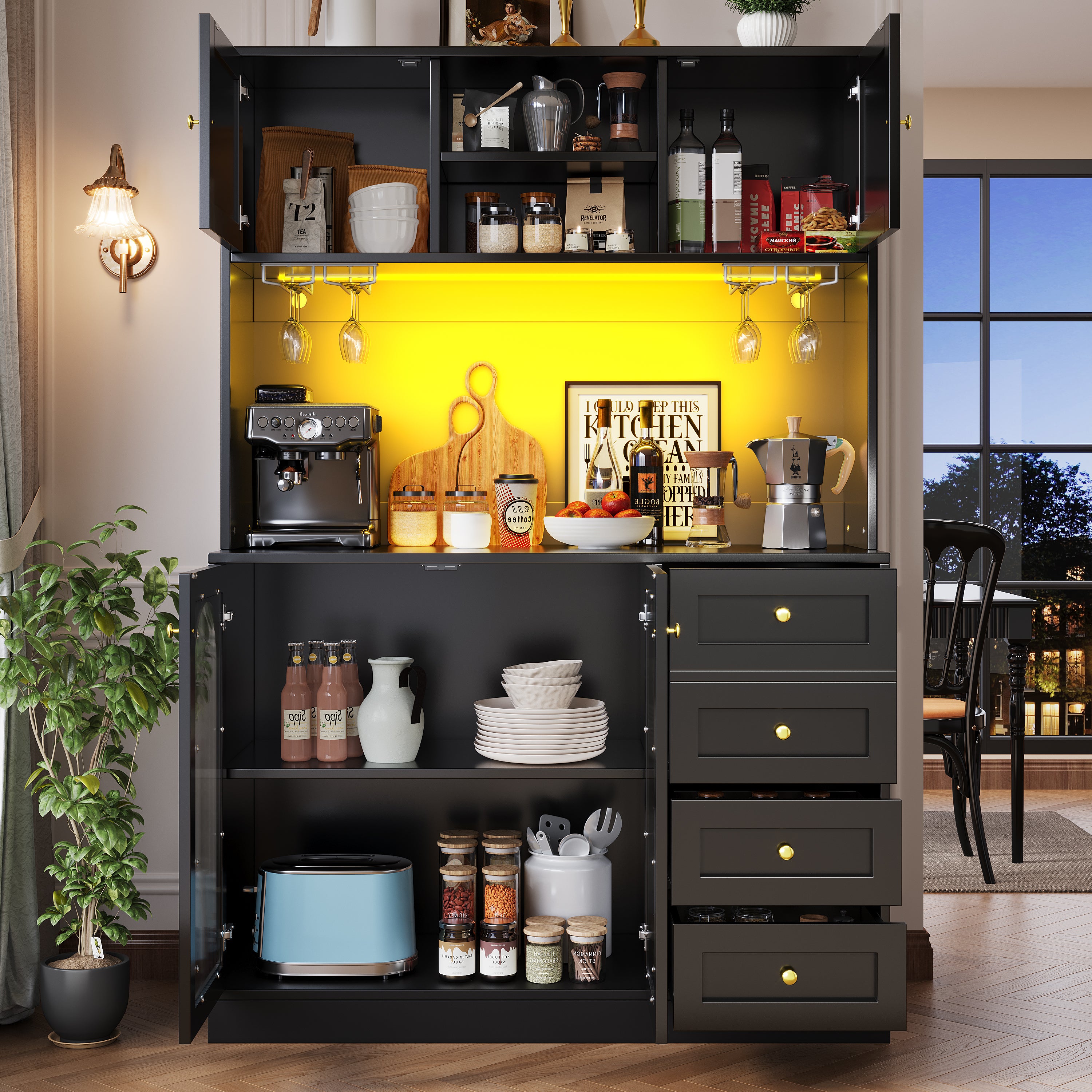 Buffet de cuisine haut avec 4 portes, 3 tiroirs et porte-gobelets - 120 x 40 x 188 cm - MDF - LEDs - Noir - 4