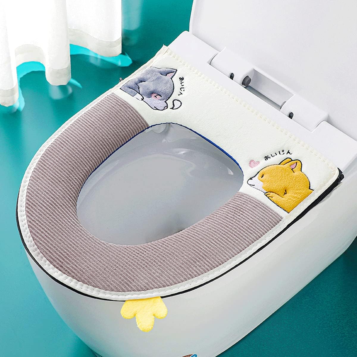 Pokrowiec na deskę sedesową, wzór uroczego kota, miękki, ciepły, wodoodporny materiał, elastyczna skóra, nadający się do prania, z szarym zamkiem bły