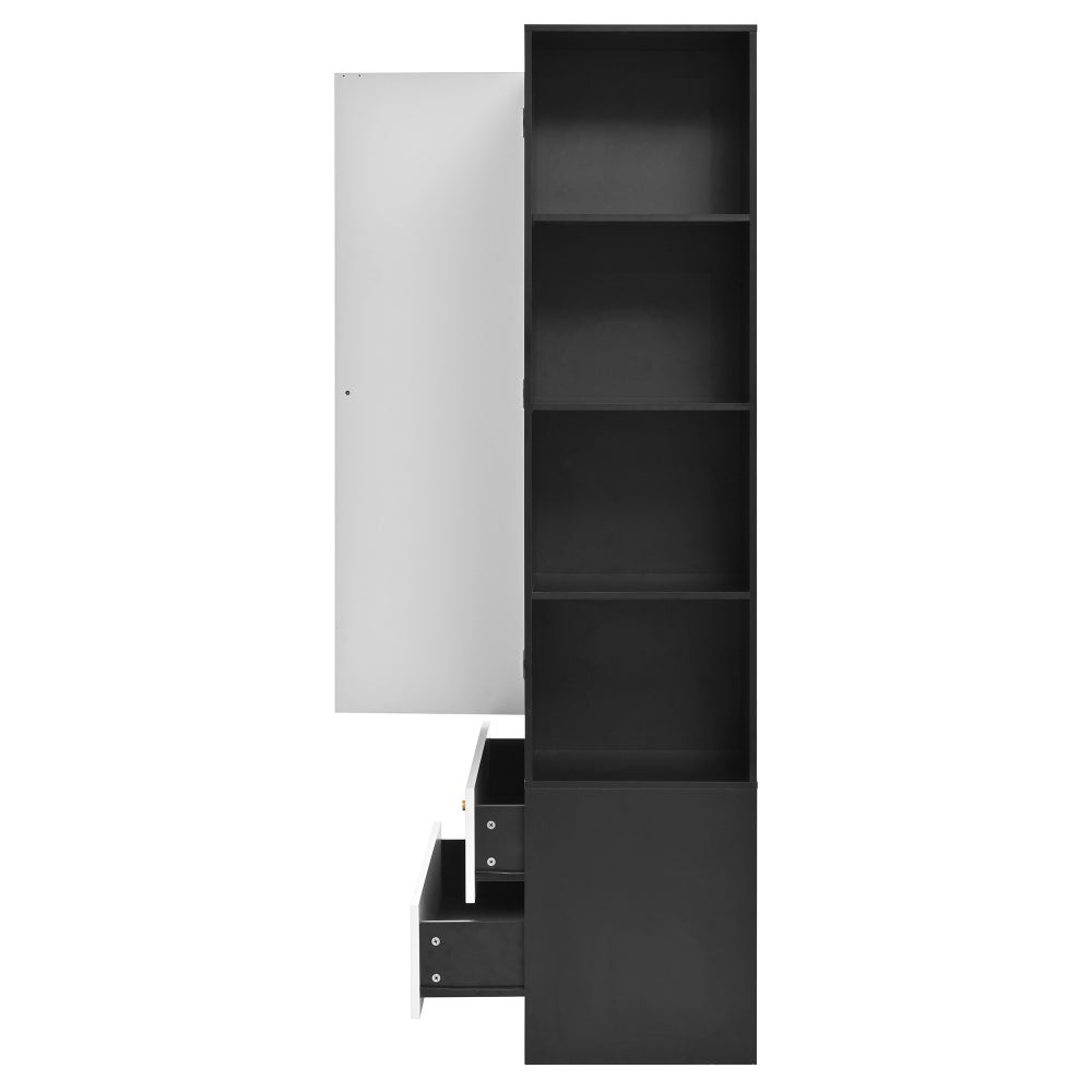 Armoire avec miroir et 1 porte, garde-robe moderne avec 2 tiroirs et 4 étagères, idéale pour rangement dans la chambre, blanc et noir, 80x40x180 cm - 9