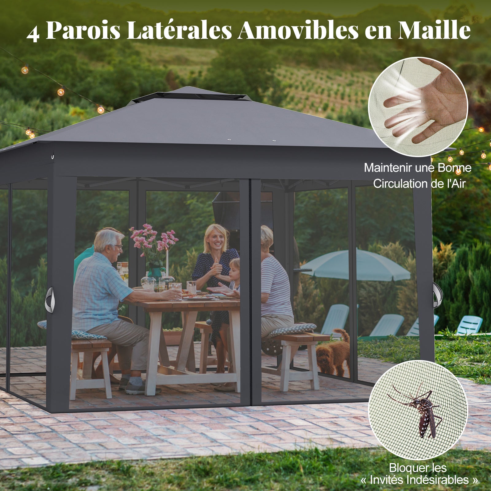 Tonnelle de Jardin 337 x 337 CM avec Filet en Maille 4 Côtés, Instantanée à Double Toit avec Sac de Transport Protection Solaire, Gris - 4