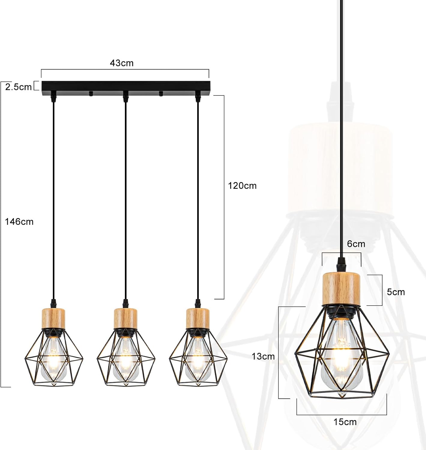 ZMH Lampa wisząca z czarnego metalu w stylu vintage, 3 żarówki E27, brak w zestawie - 2